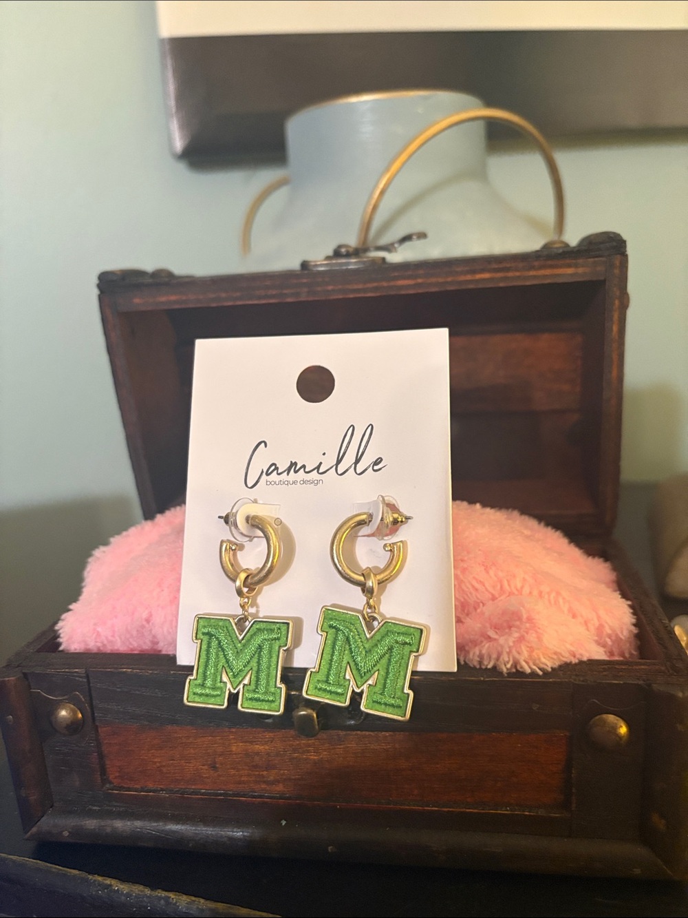 Green Letter M Drop Earrings